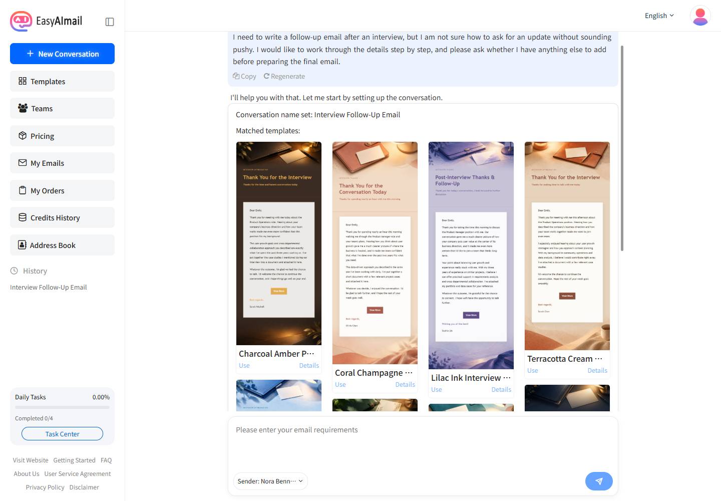 Template recommendations for an interview follow-up