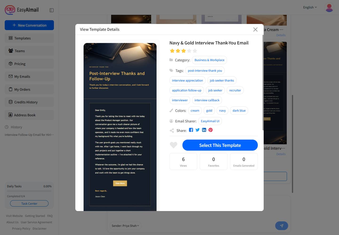 Details for a navy and gold interview email template