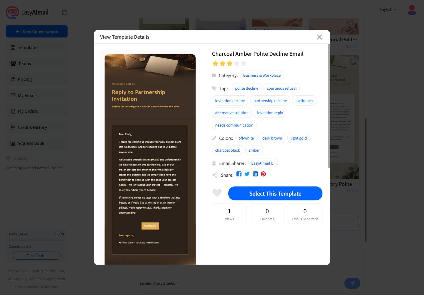 Charcoal Amber Polite Decline Email template details