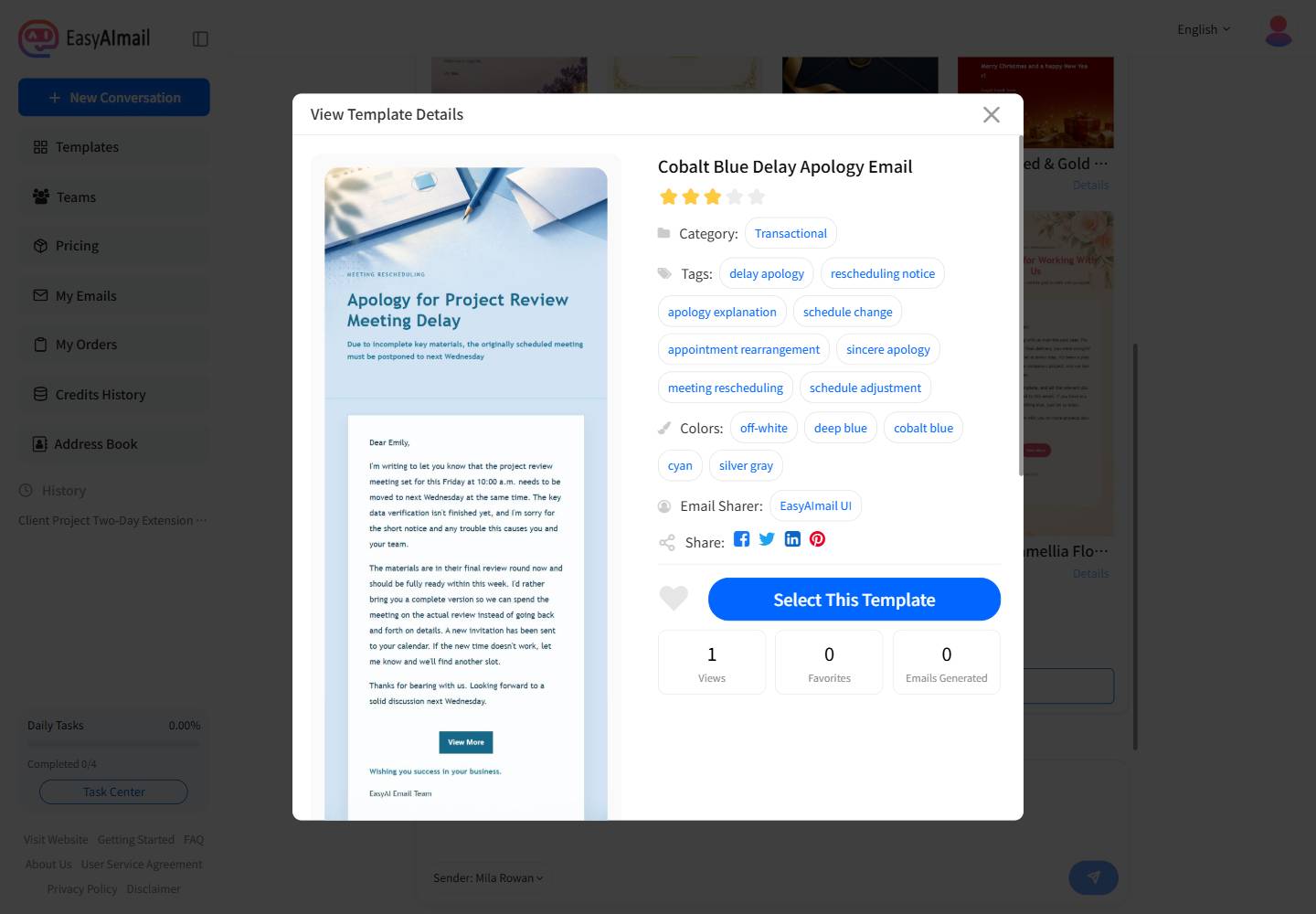 Cobalt Blue Delay Apology Email template details