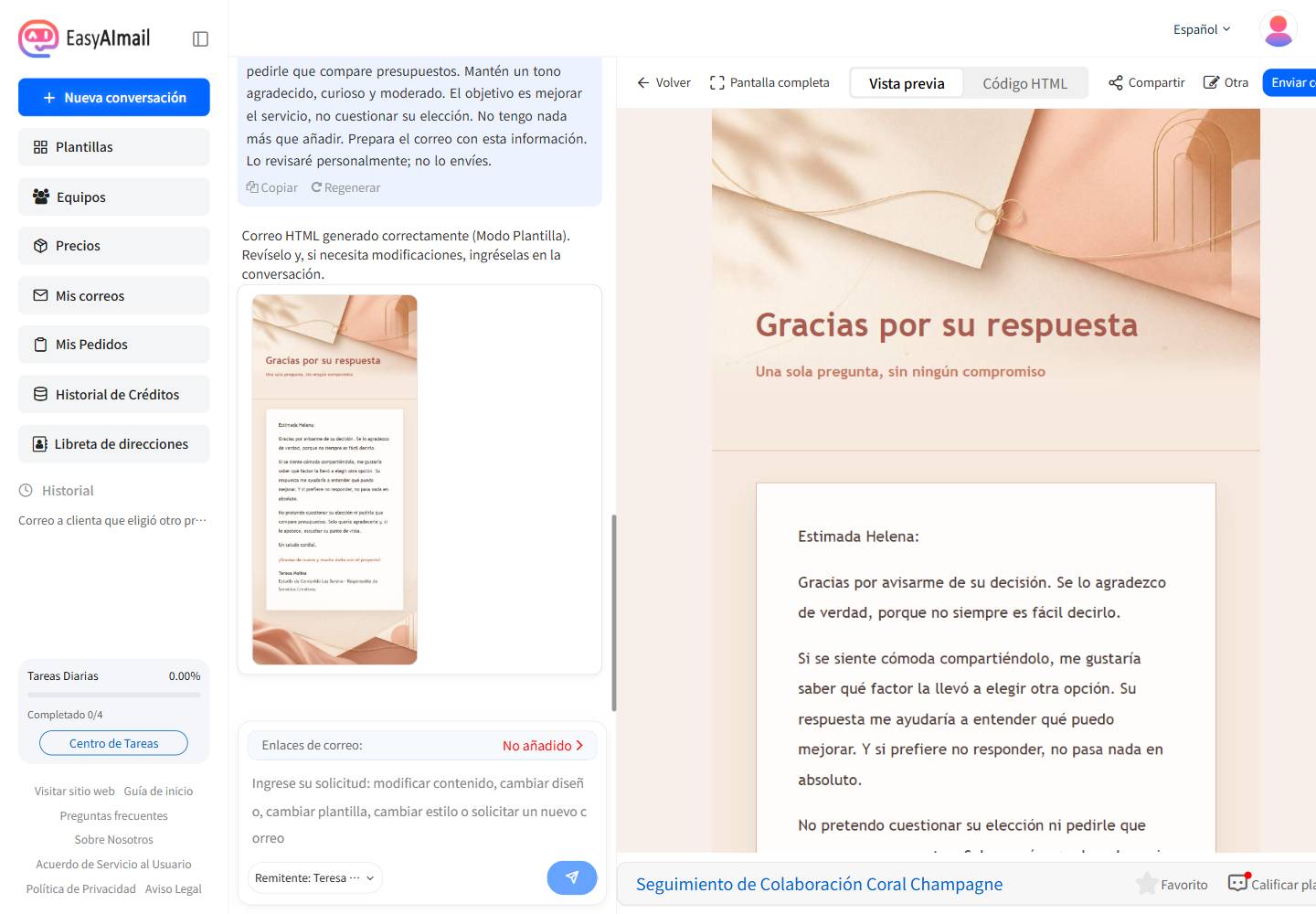 Vista previa de un correo para pedir feedback sin presión