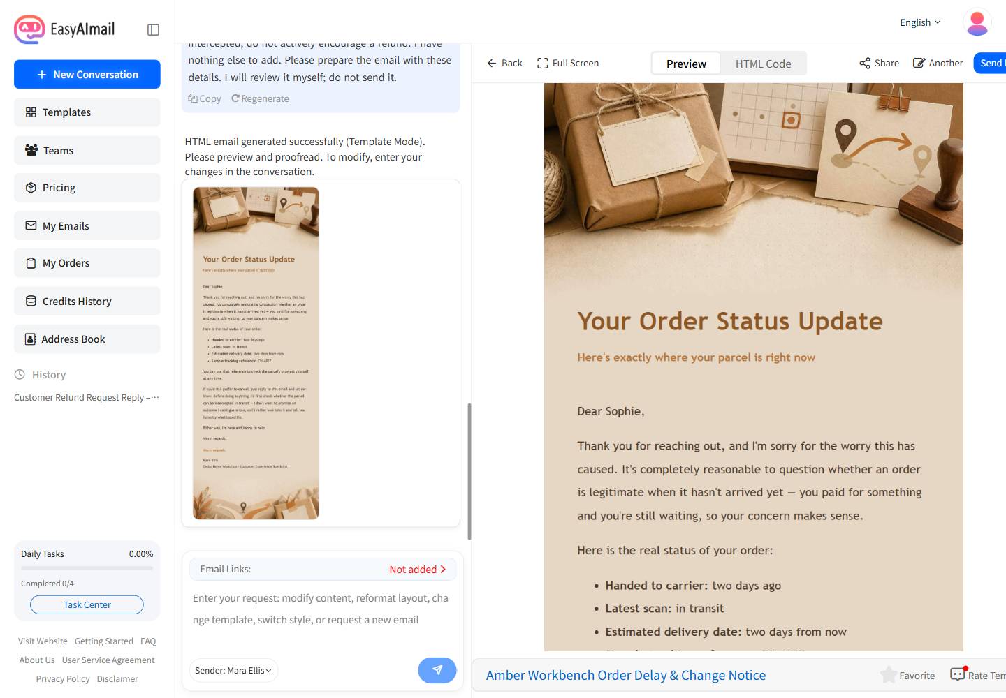 Preview of a refund-request response before delivery