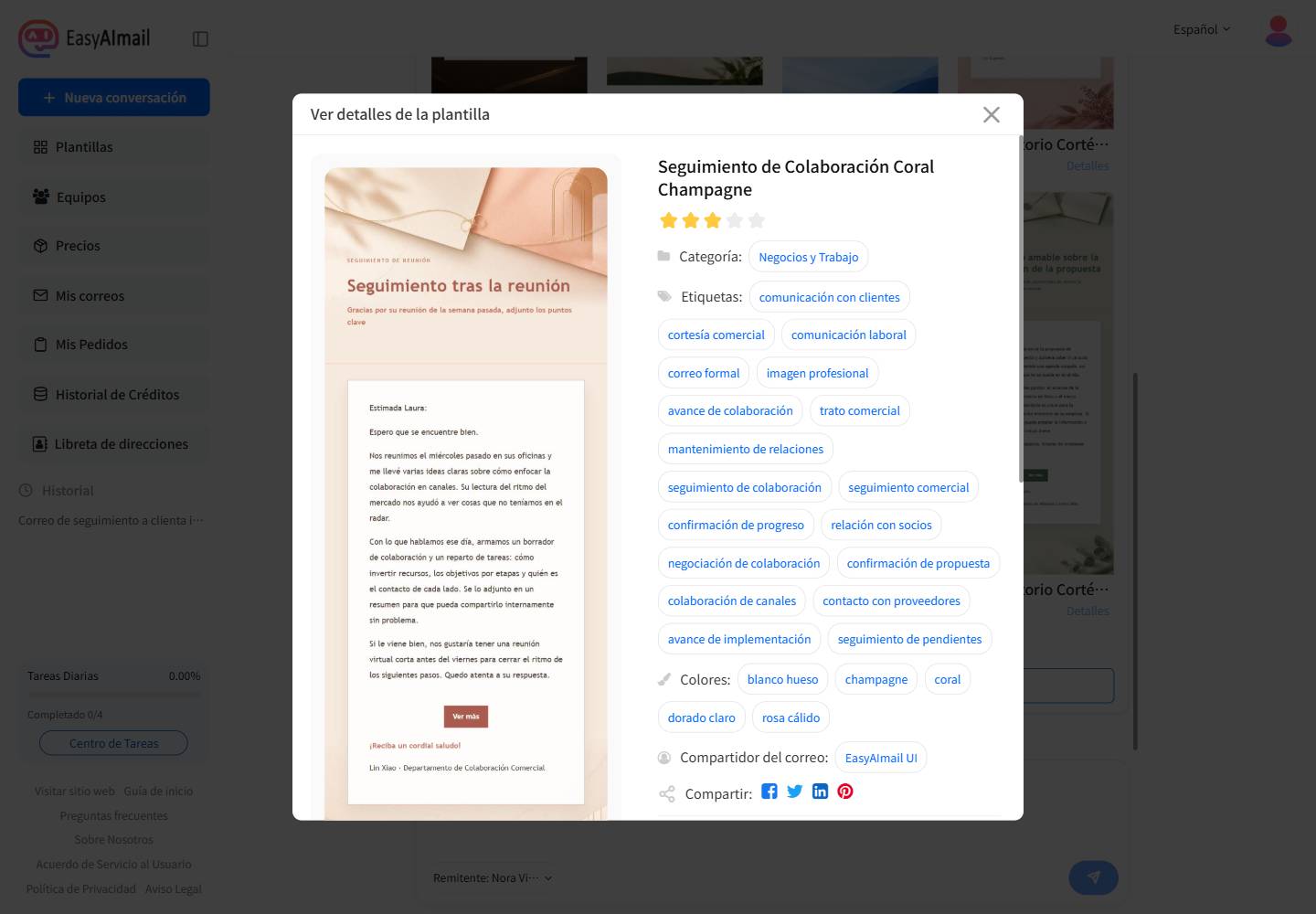 Detalles de una plantilla de seguimiento de colaboración