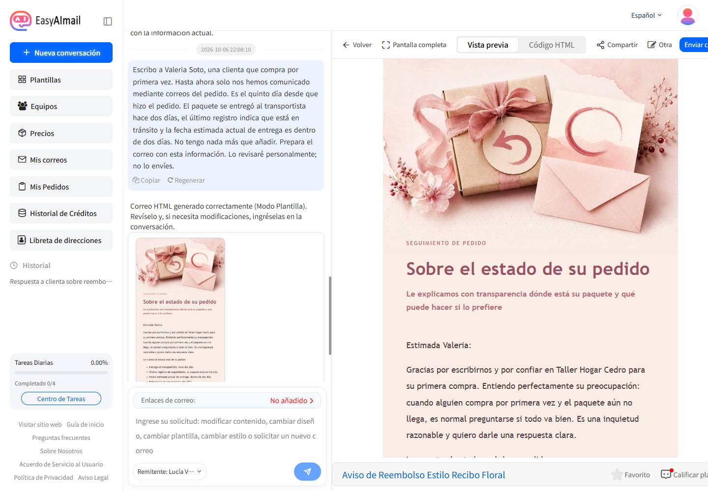 Vista previa de una respuesta a solicitud de reembolso