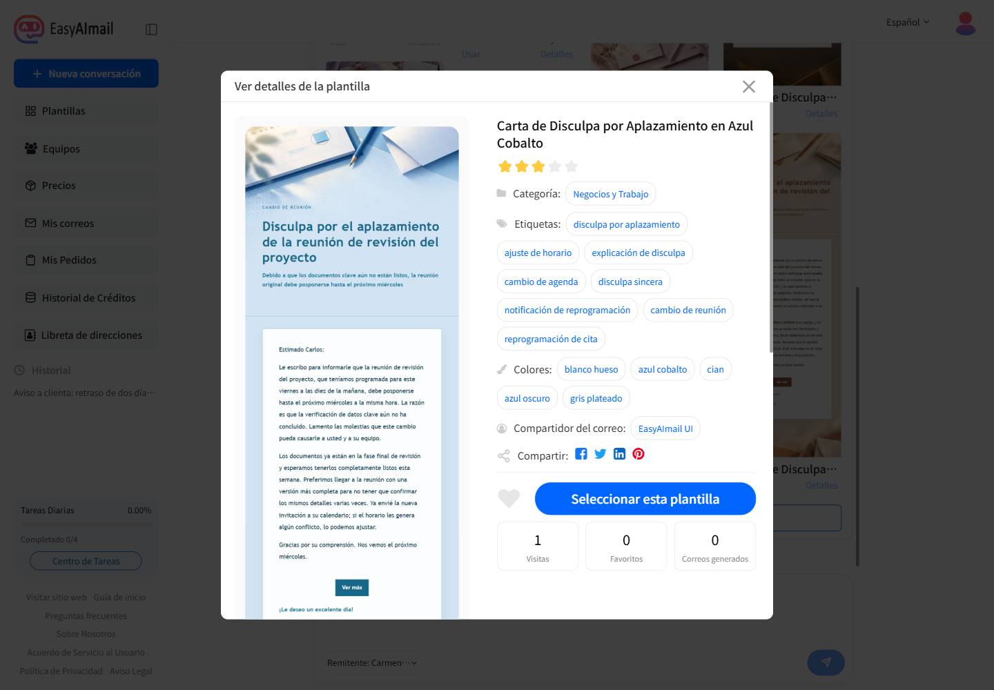 Detalles de la plantilla Carta de Disculpa por Aplazamiento en Azul Cobalto