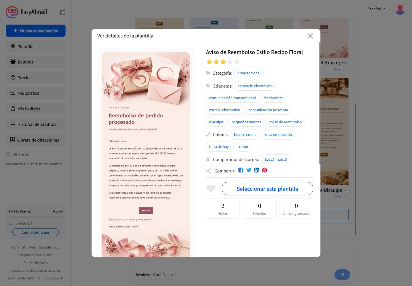 Detalles de una plantilla para avisos de retraso de pedido