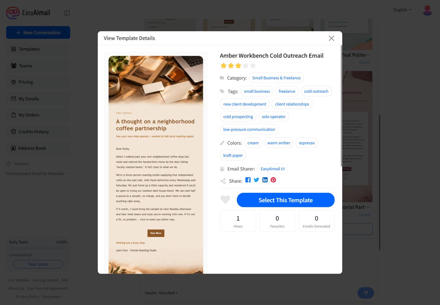 Amber Workbench Cold Outreach Email template details
