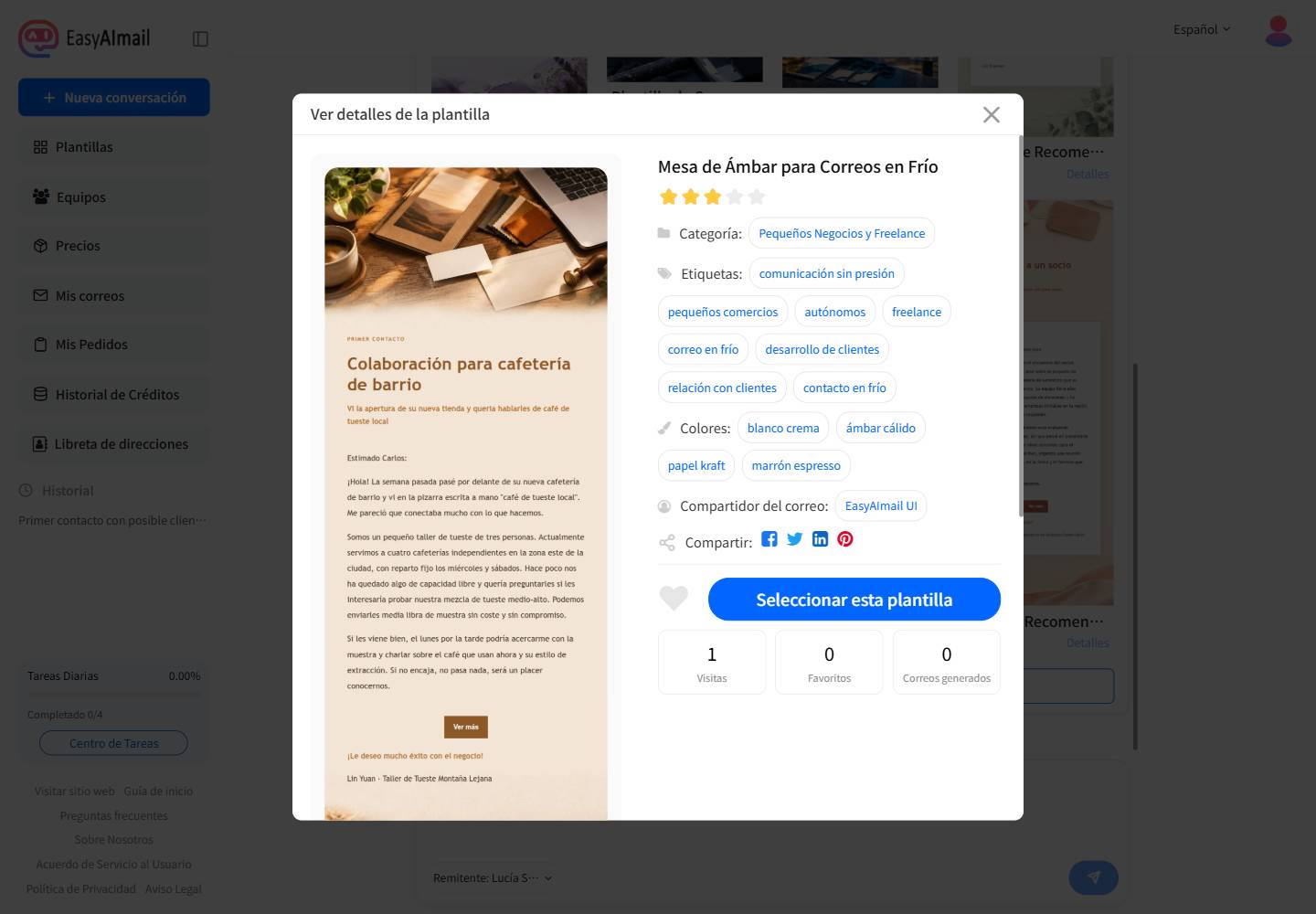 Detalles de la plantilla Mesa de Ámbar para Correos en Frío