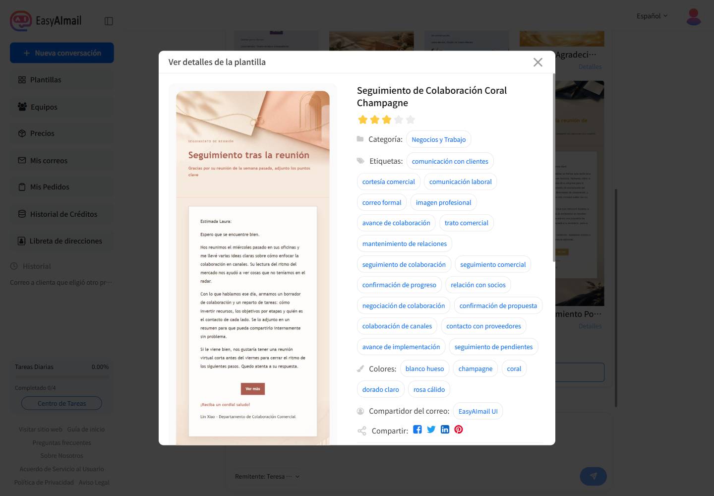 Detalles de una plantilla de seguimiento comercial