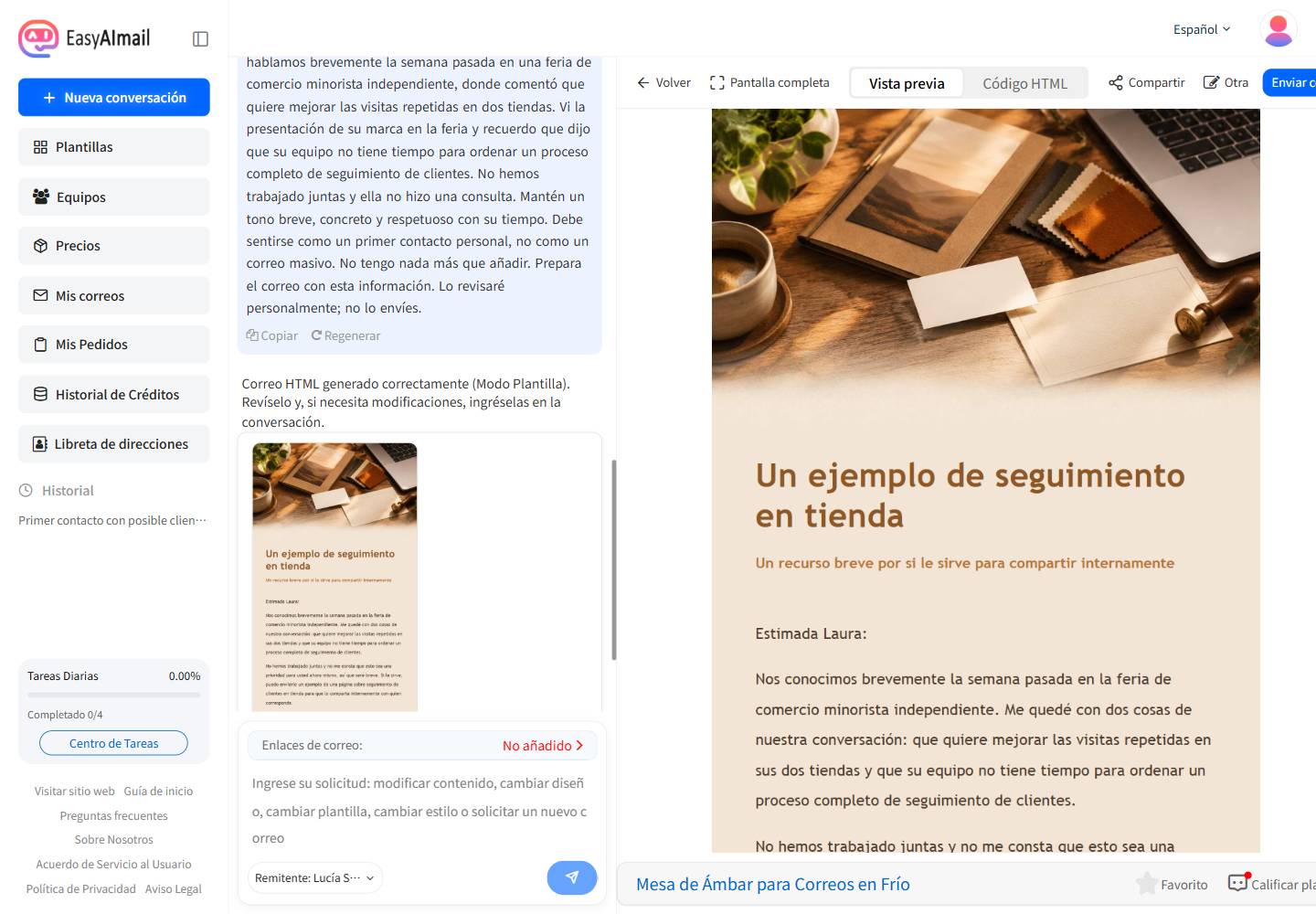 Vista previa final de un primer correo a un cliente nuevo