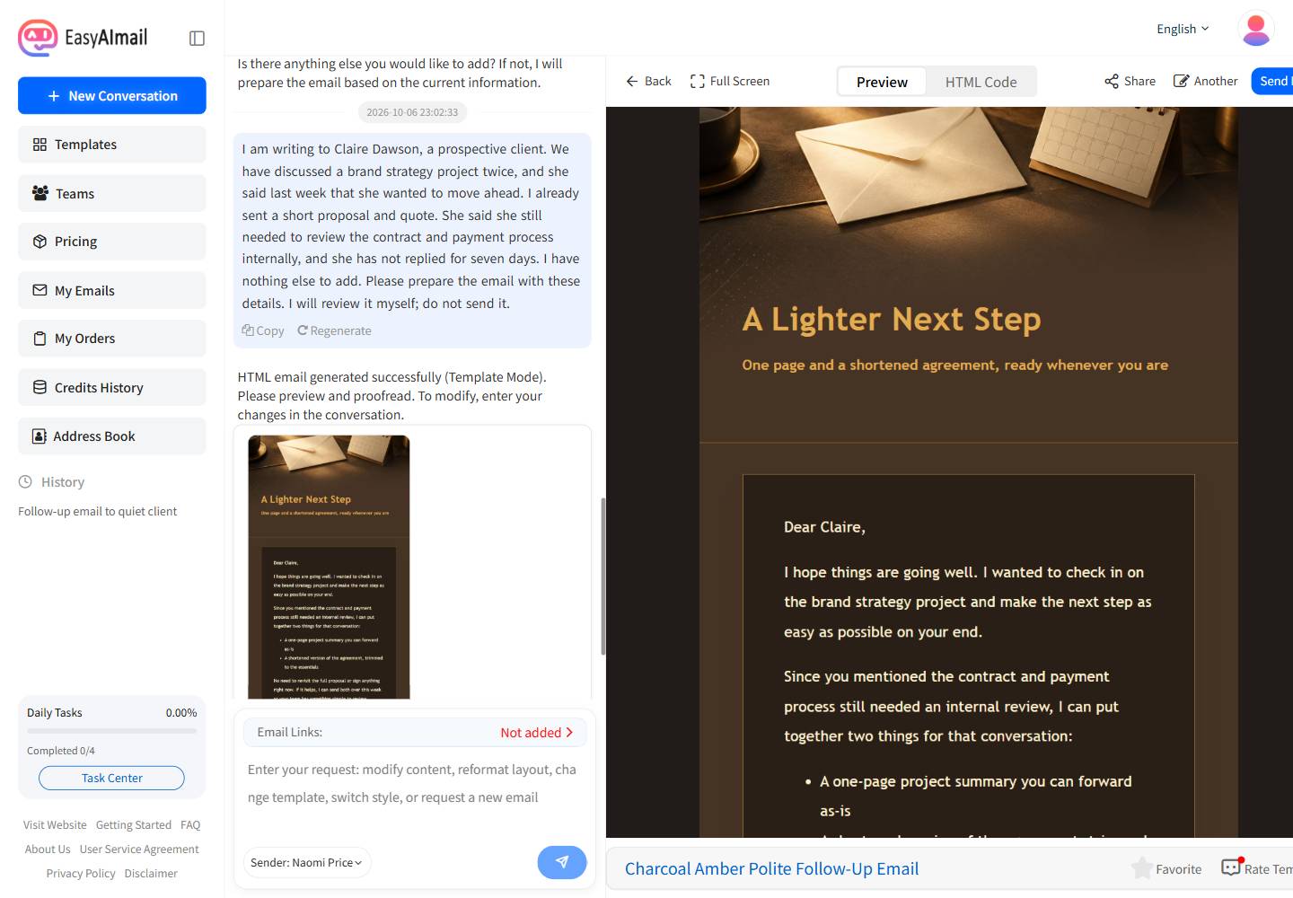 Preview of an easy-next-step client follow-up