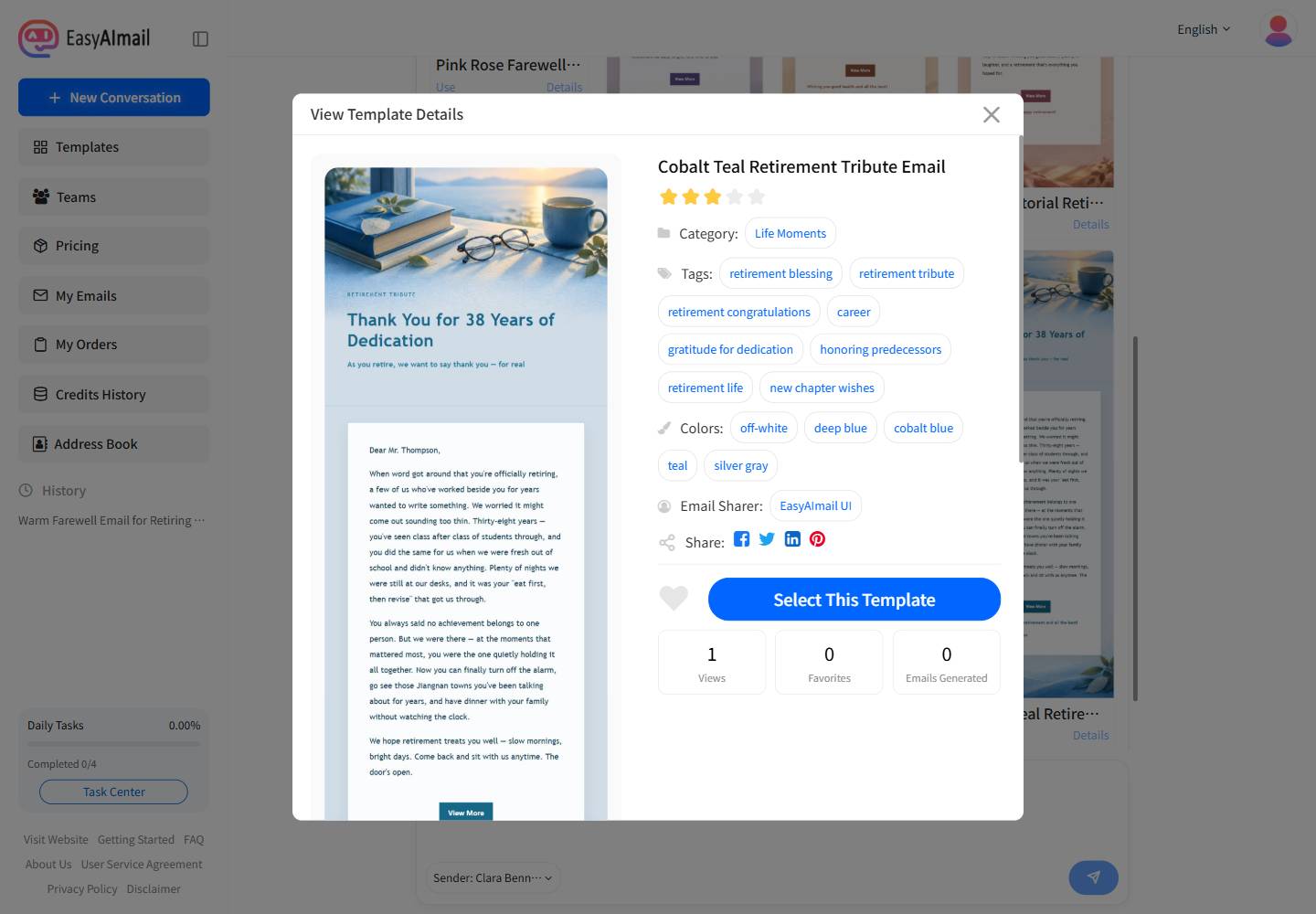 Cobalt Teal Retirement Tribute Email template details