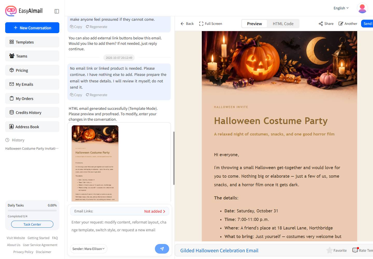 Final preview of a Halloween costume party invitation email