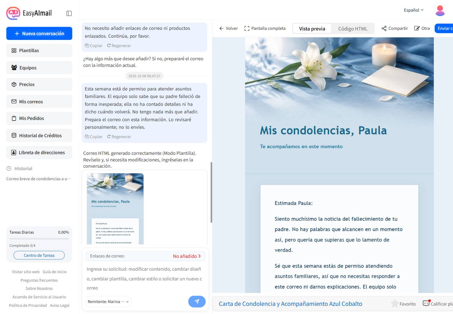 Vista previa del correo de condolencias para una compañera