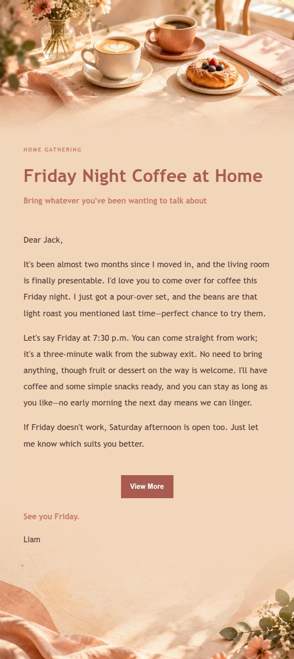 Coral Champagne Coffee Chat Invite 2