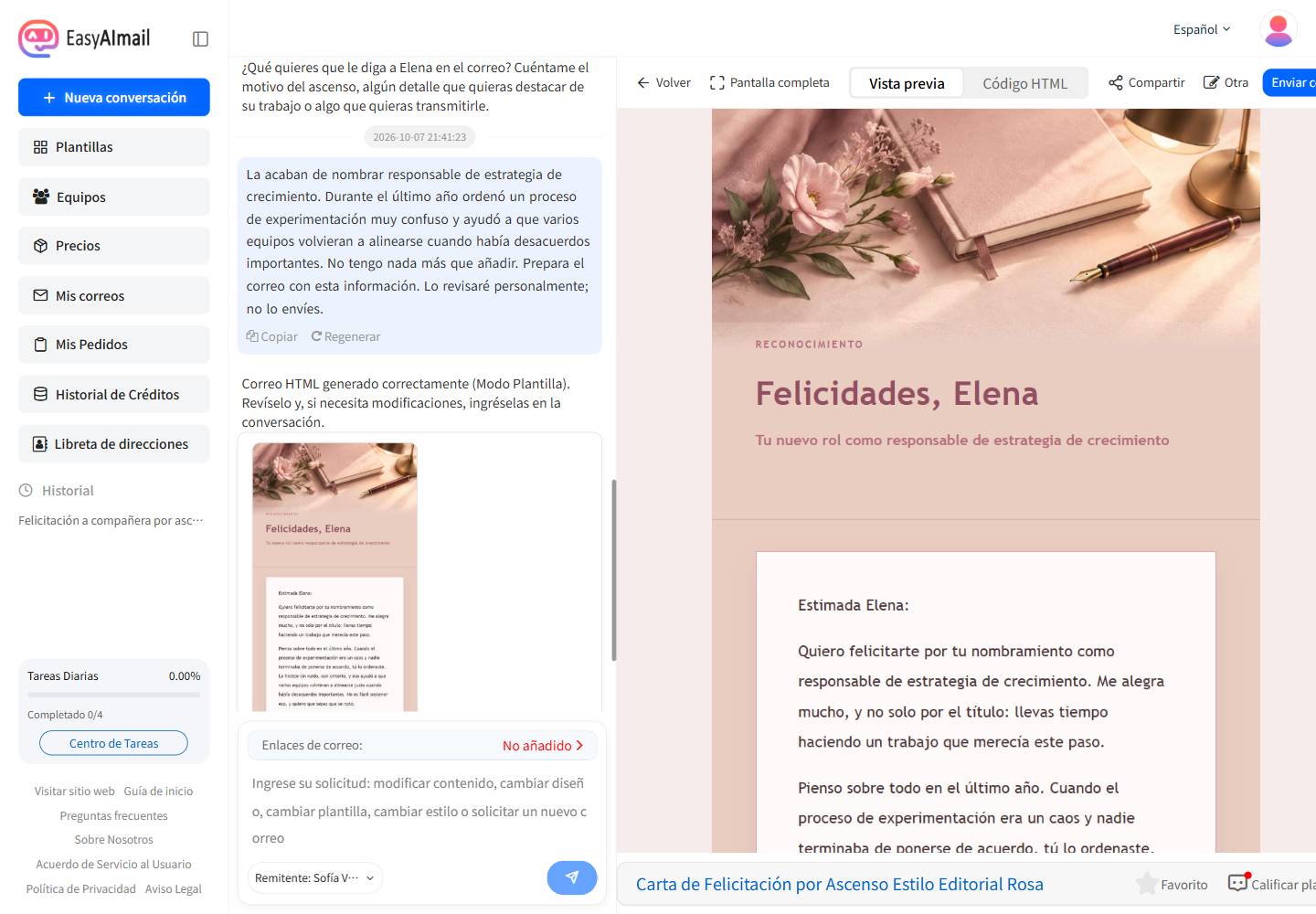 Vista previa del correo de felicitación por ascenso