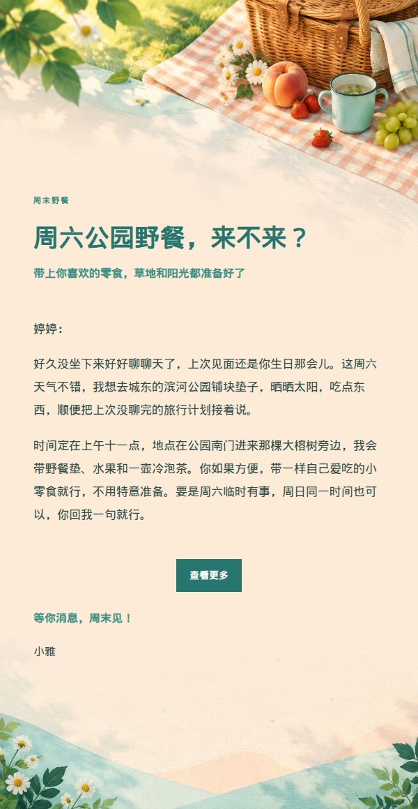 蜜桃青绿公园野餐邀约信