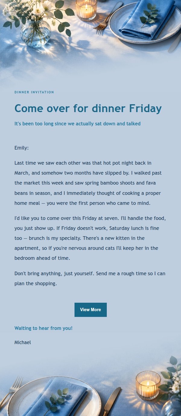 Cobalt Teal Friends Dinner Invitation Email
