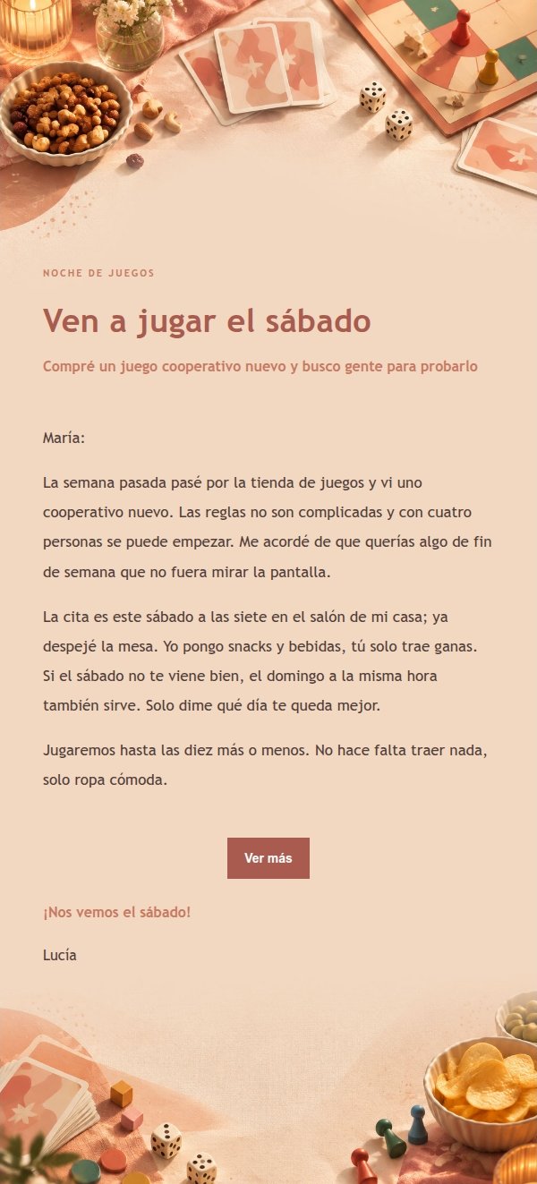 Invitación a Noche de Juegos de Mesa Coral Champagne