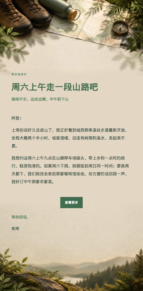 森林铜色轻徒步邀约邮件