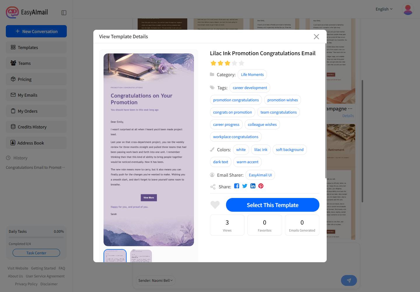 Lilac Ink Promotion Congratulations Email template details