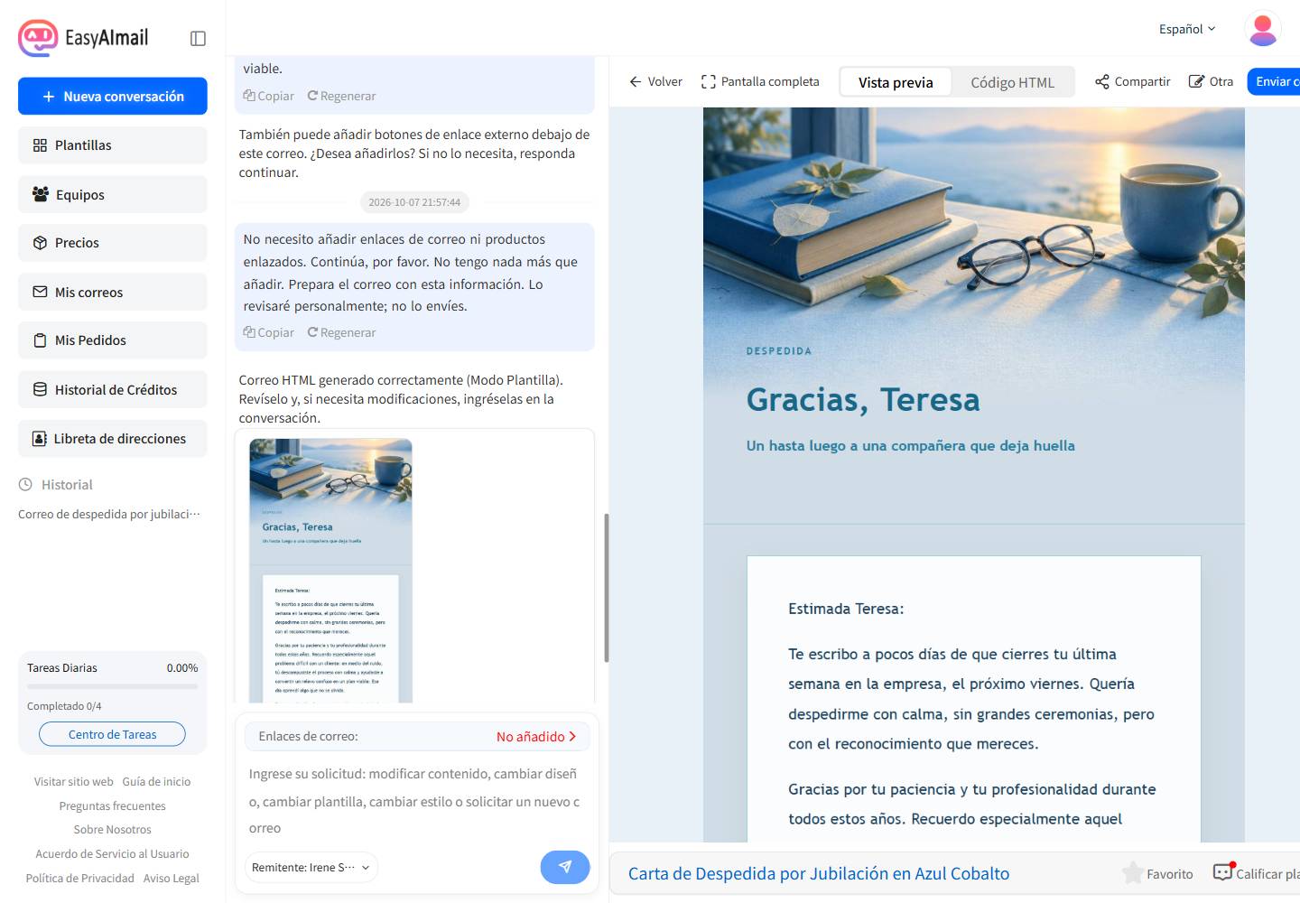 Vista previa del correo de despedida por jubilación