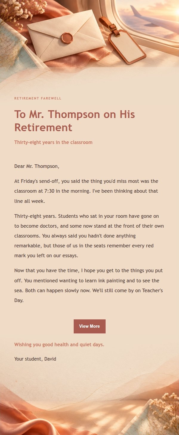 Coral Champagne Farewell Email 2
