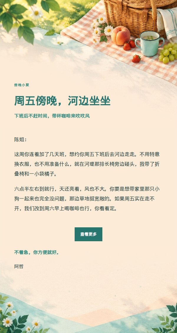 蜜桃青绿公园野餐邀约信 2