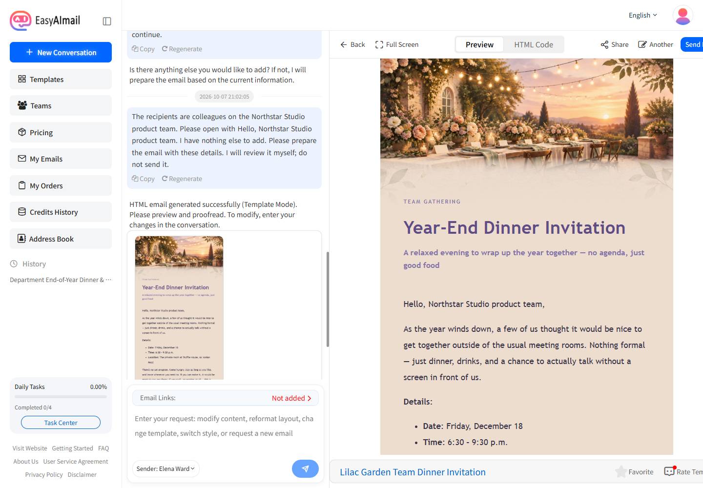 Team holiday party invitation email preview