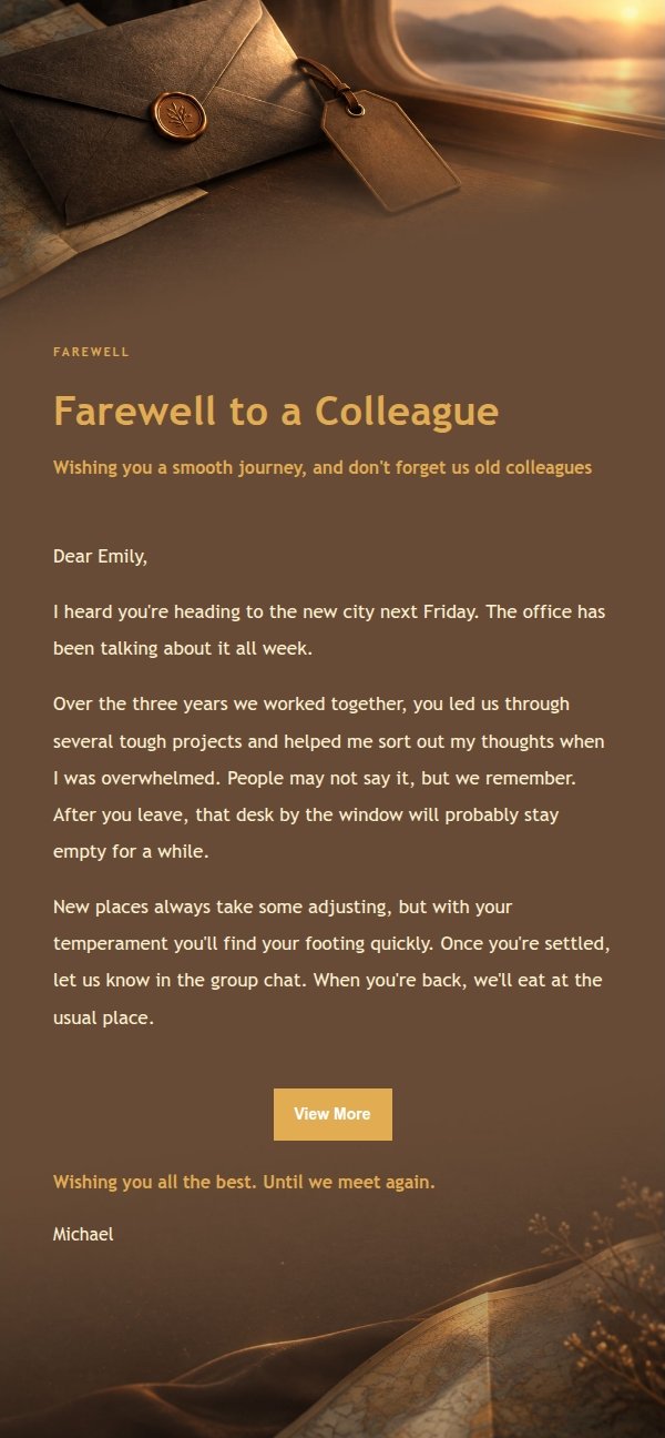 Charcoal Amber Farewell Email