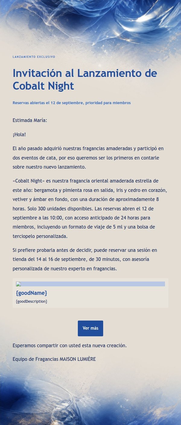 Correo de Lanzamiento de Fragancia Marfil y Cobalto