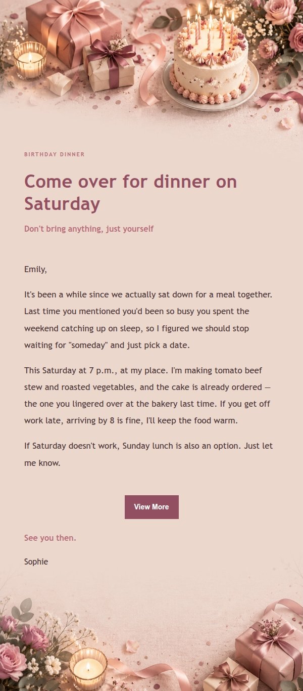 Rose Editorial Birthday Invite Email