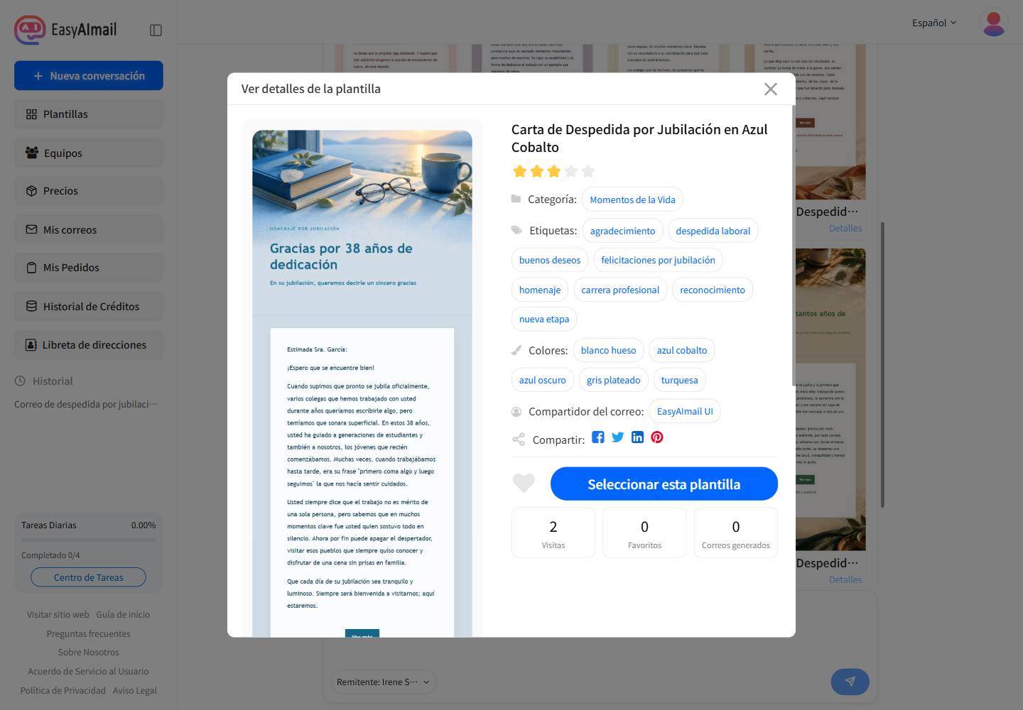 Detalles de la plantilla de despedida por jubilación