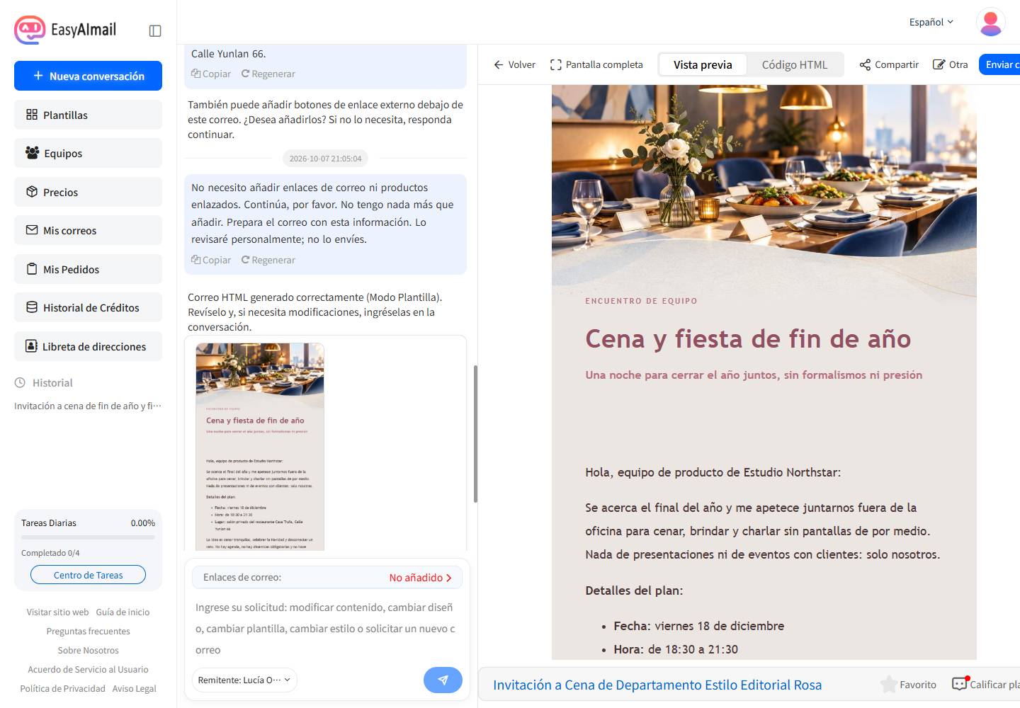 Vista previa del correo de invitación a una fiesta de equipo