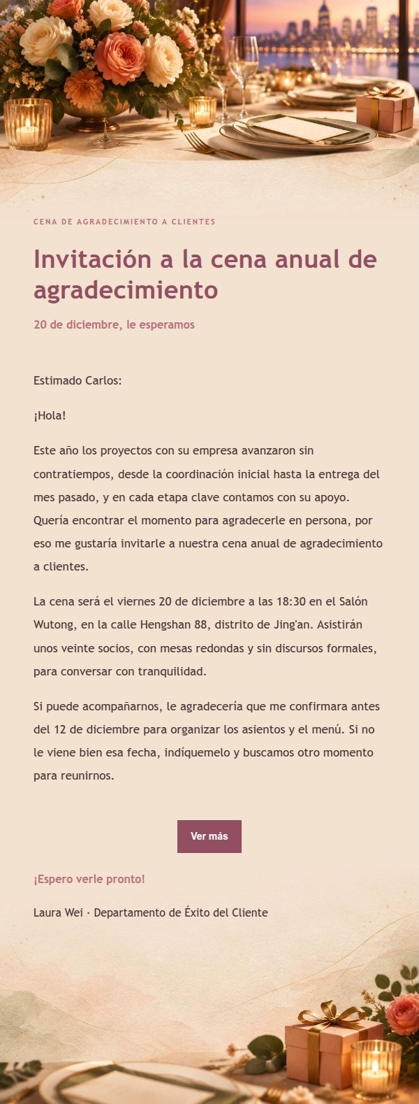 Invitación a Cena de Agradecimiento con Estilo Editorial de Rosas