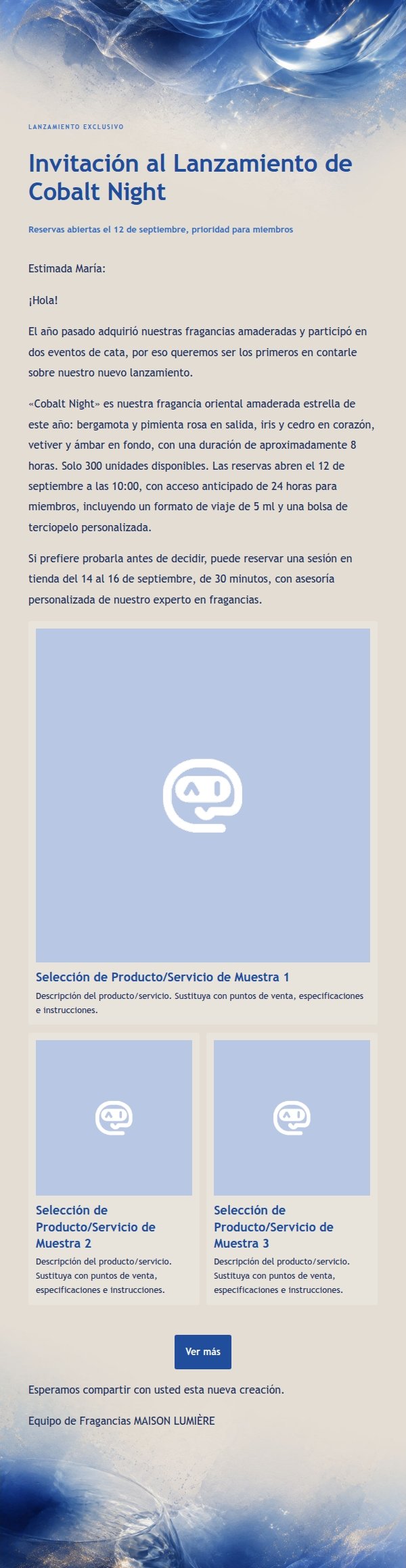 Correo de Lanzamiento de Fragancia Marfil y Cobalto