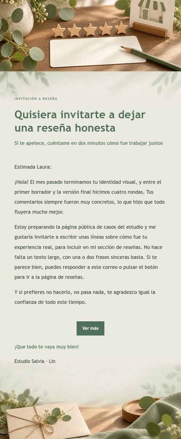 Invitación a Reseña de Cliente Estilo Estudio Salvia