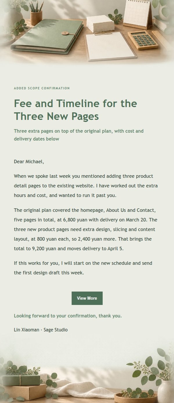 Sage Studio Scope & Fee Update Email