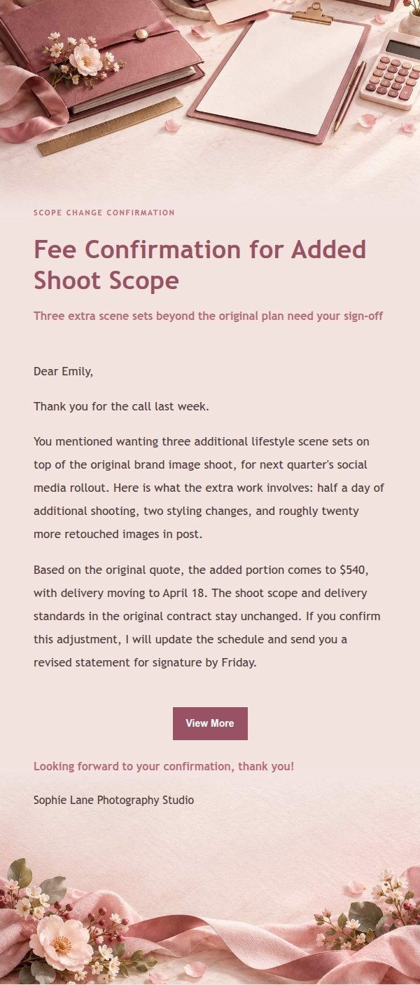 Rose Receipt Scope Change & Fee Confirmation Email