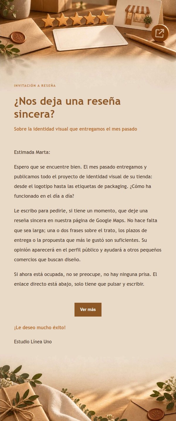 Invitación a Reseña Cliente Estilo Taller Ámbar