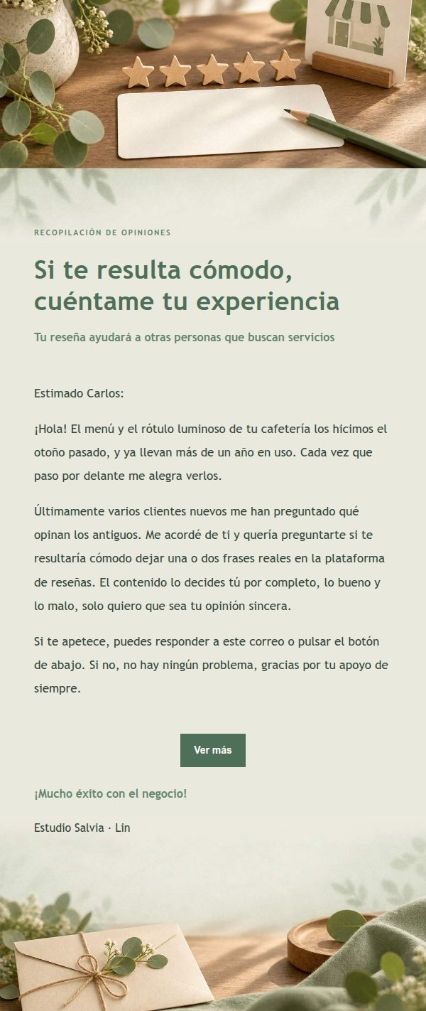 Invitación a Reseña de Cliente Estilo Estudio Salvia 2