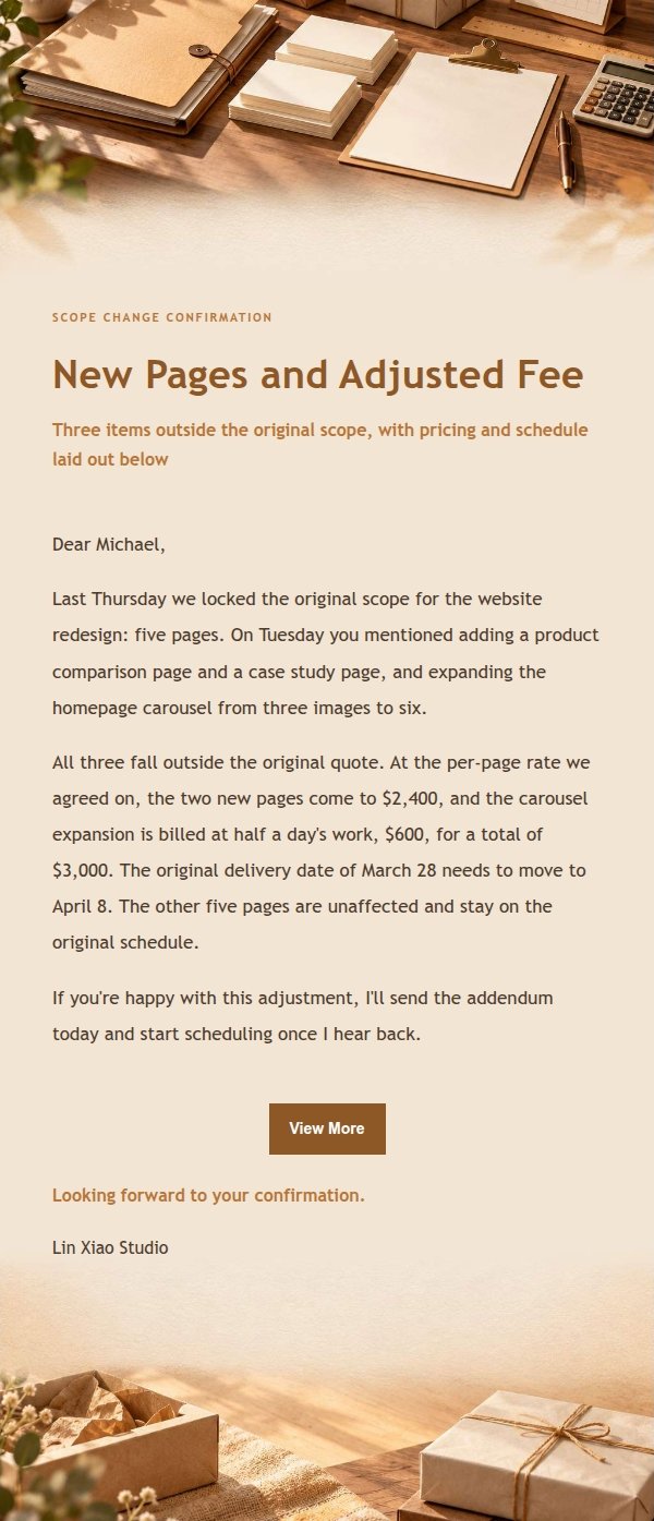 Amber Workbench Scope Change & Fee Confirmation Email