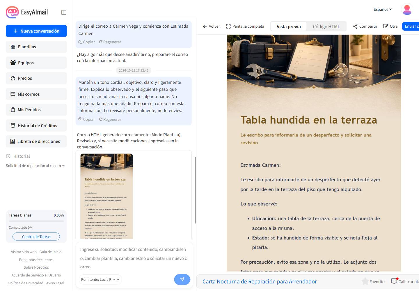 Vista previa final de una solicitud de reparación de un inquilino