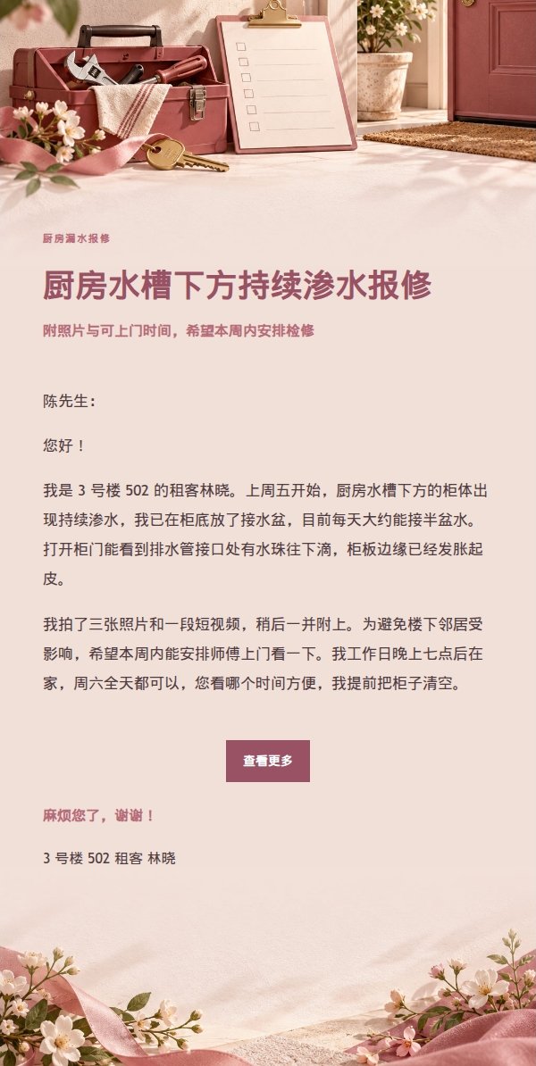 玫瑰收据风租客报修邮件