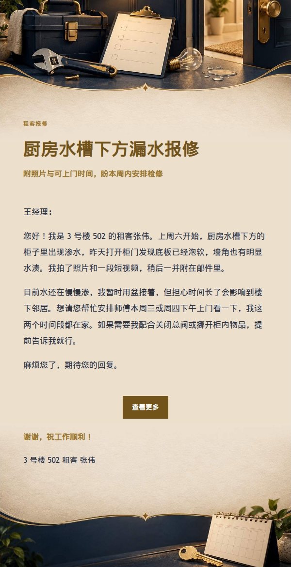 深夜鎏金信笺租客报修邮件