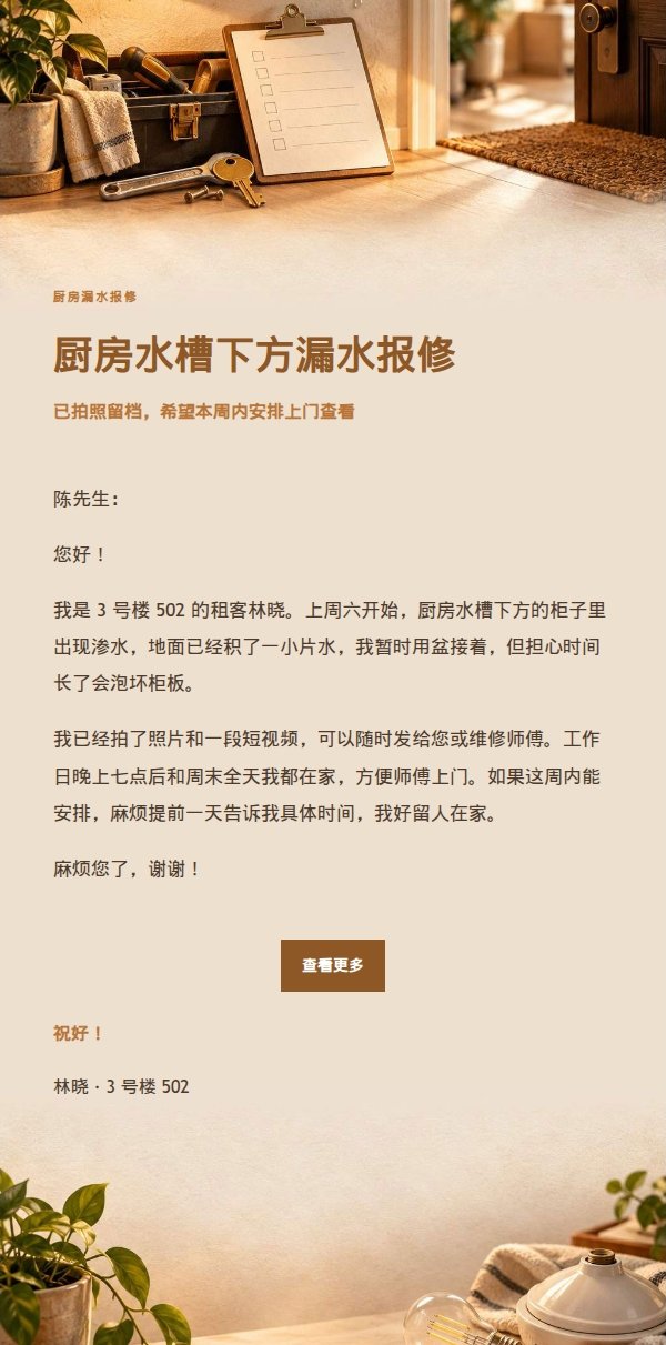 琥珀工作台租客报修邮件