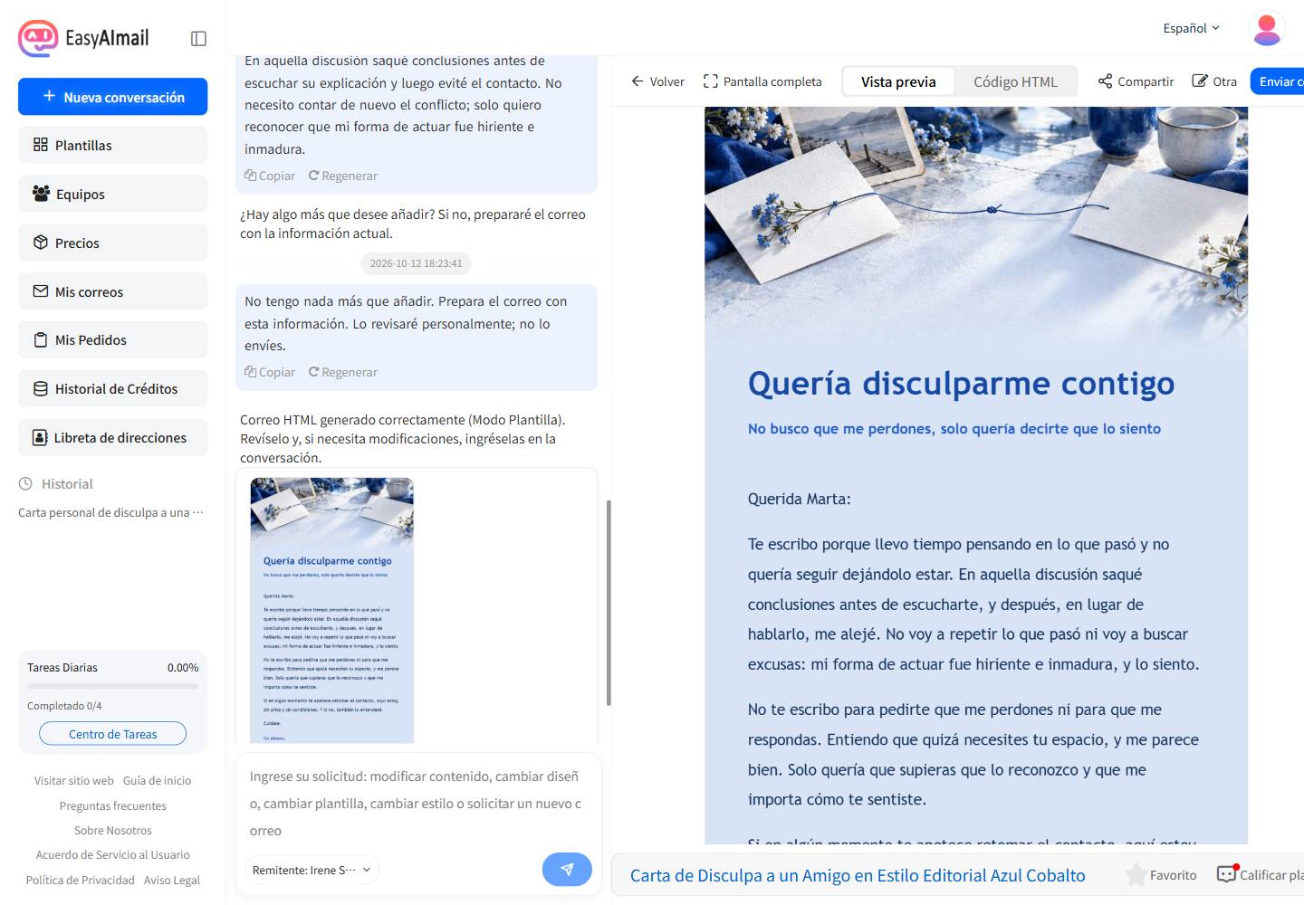 Vista previa final de un correo de disculpa y reencuentro entre amigas