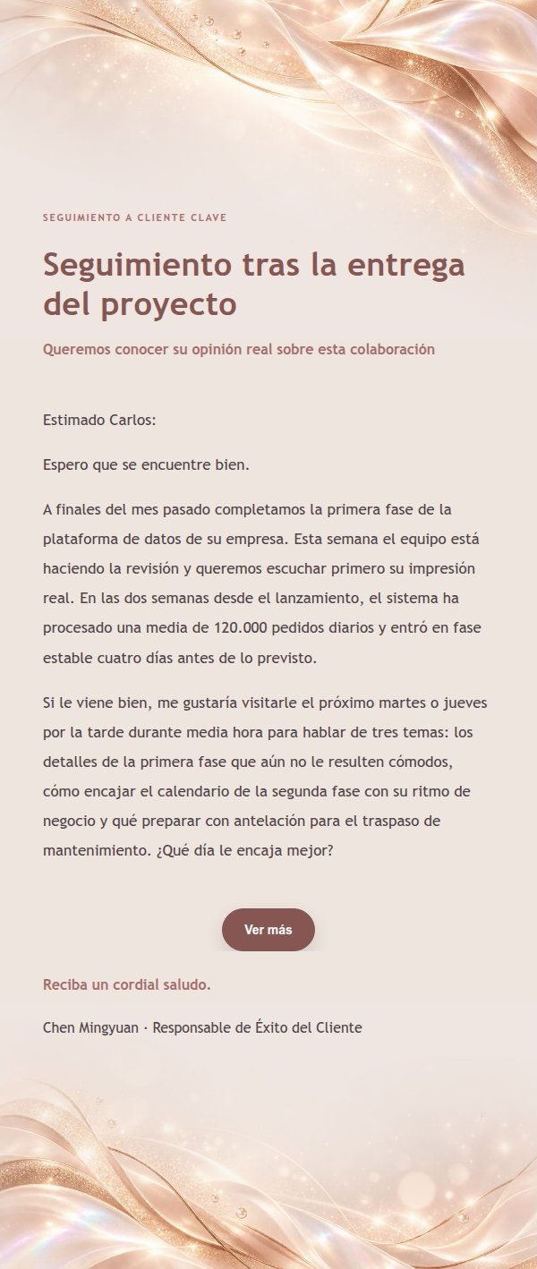Correo de Agradecimiento y Seguimiento a Clientes Clave con Perla y Oro Rosa