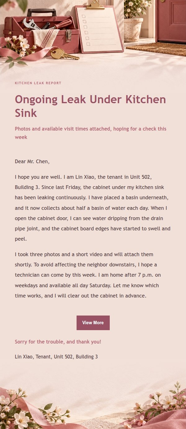 Rose Receipt Tenant Repair Request Email