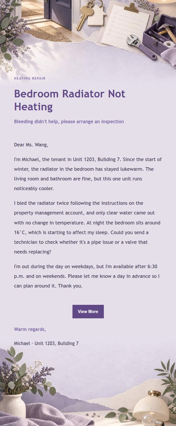 Lilac Paper Tenant Repair Request Email 2